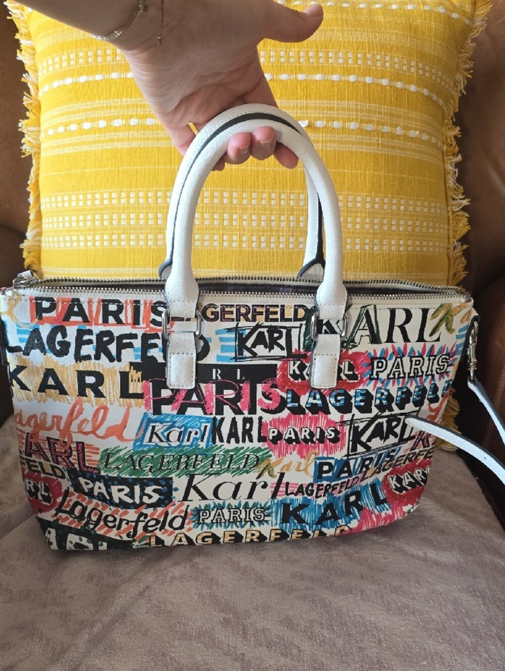 NWOT Karl Lagerfeld Paris Multicolor Satchel with White Handles - Picture 4 of 4